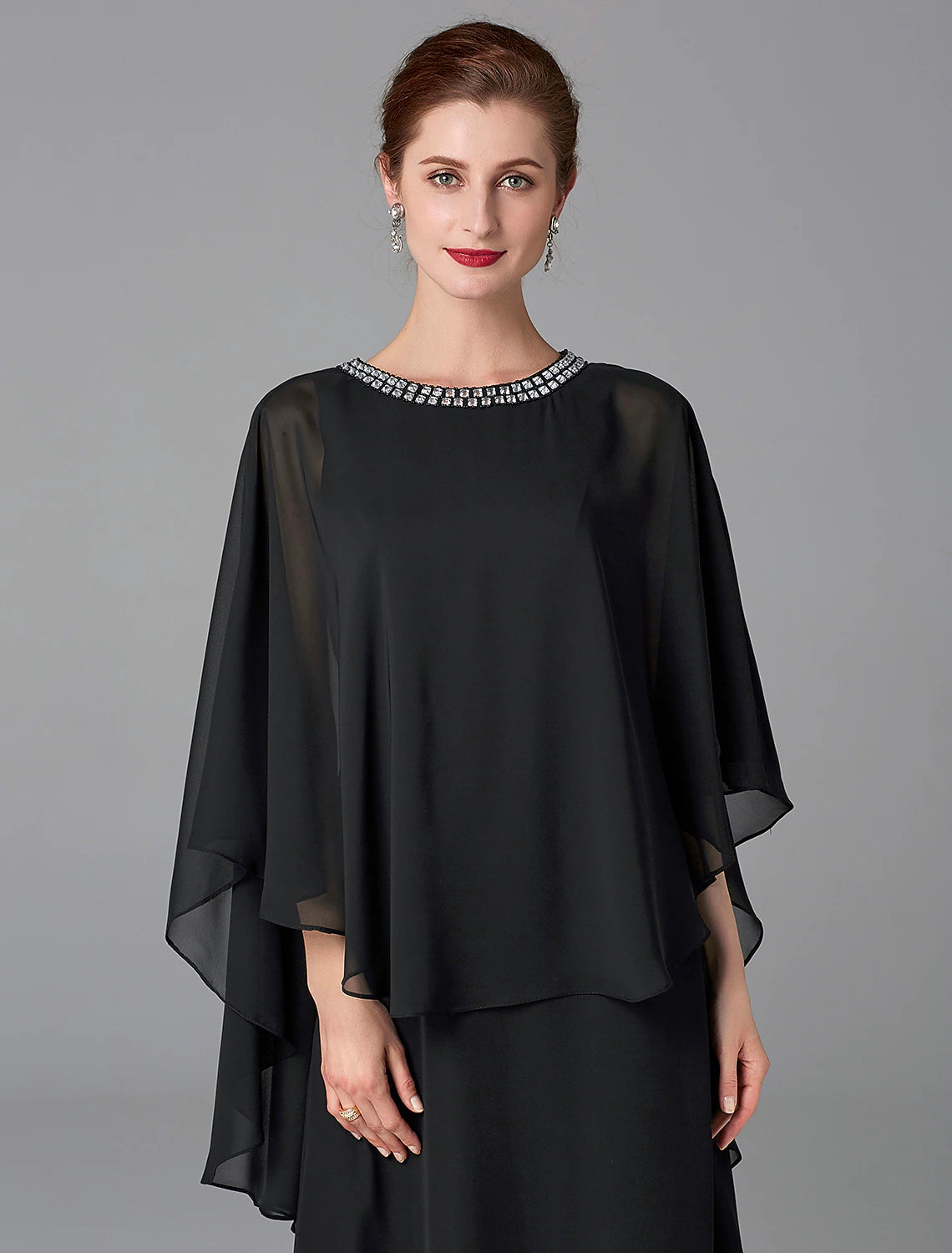 A-Line Mother of the Bride Dress Wedding Guest Elegant Cape Dress Plus Size Jewel Neck Floor Length Chiffon Sleeveless