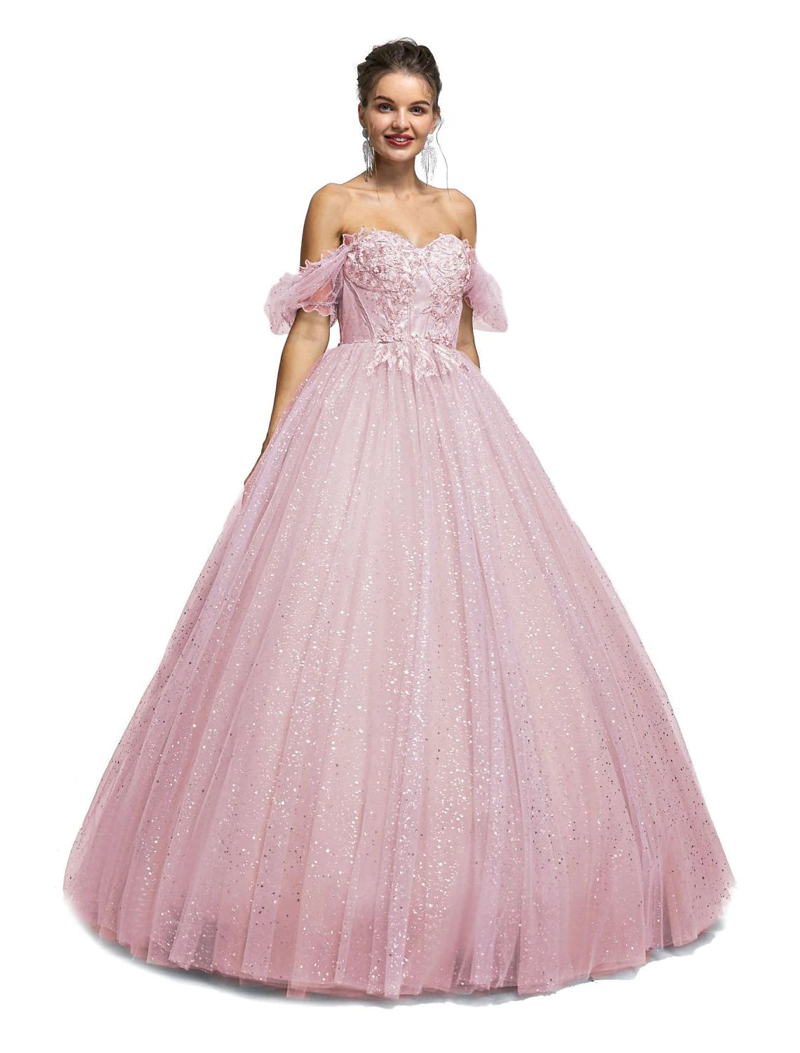 Ball Gown Prom Dresses Princess Dress Graduation Floor Length Short Sleeve Sweetheart Tulle with Sequin