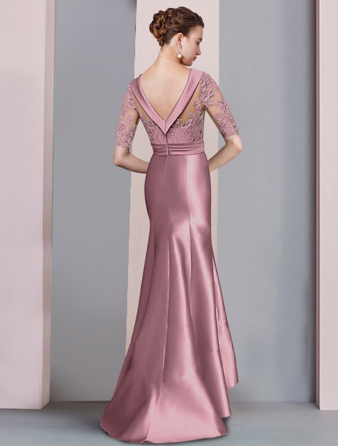 Mermaid / Trumpet Mother of the Bride Dress Formal Wedding Guest Elegant High Low Scoop Neck Sweep / Brush Train Asymmetrical Satin Lace Half Sleeve with Bow(s)