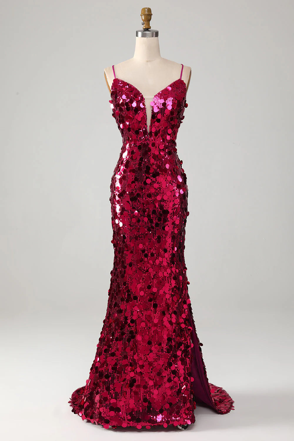 Mermaid Spaghetti Straps Sequins Long Prom Dress with Slit Sparkly
