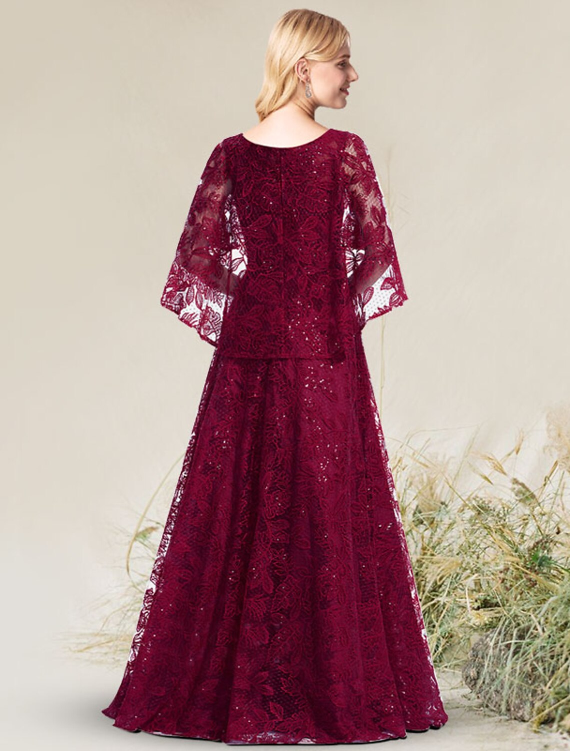 A-Line Elegant Floral Wedding Guest Formal Evening Birthday Dress Jewel Neck Short Sleeve Floor Length Lace