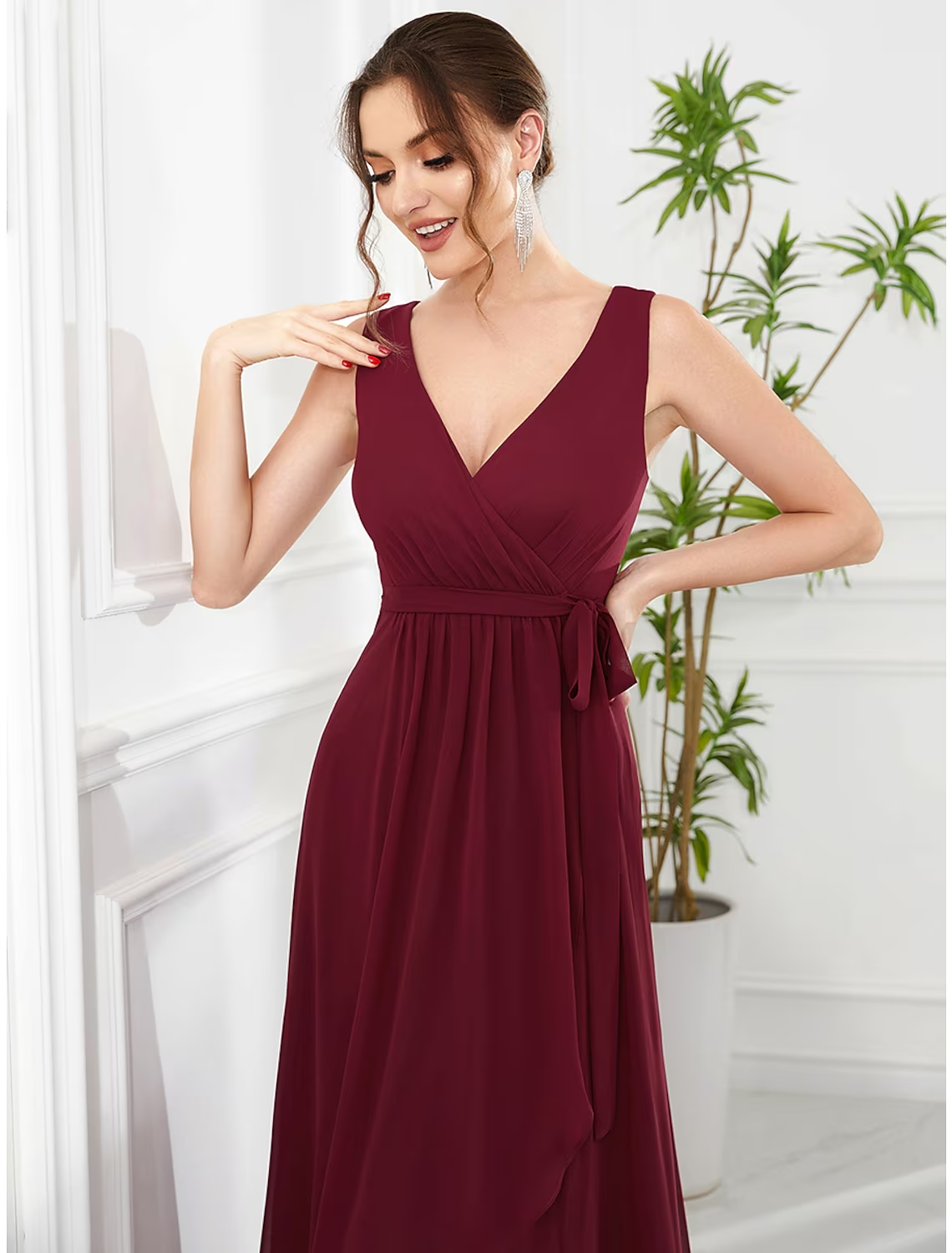 A-Line Wedding Guest Dresses Elegant Dress Party Wear Asymmetrical Sleeveless V Neck Chiffon with Ruffles