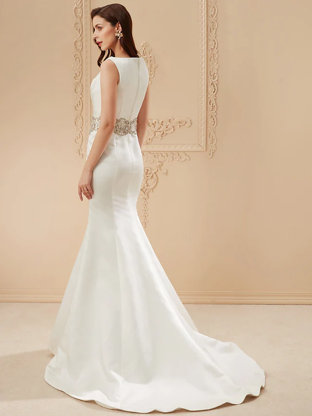 Long Wedding Dresses Bateau Neck Cathedral Train Satin Regular Straps Vintage Inspired