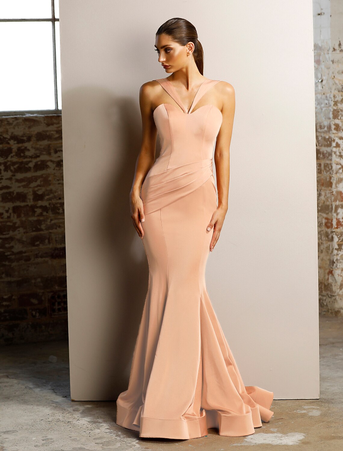 Mermaid / Trumpet Minimalist Elegant Engagement Formal Evening Birthday Dress Halter Neck Sleeveless Floor Length Stretch Satin