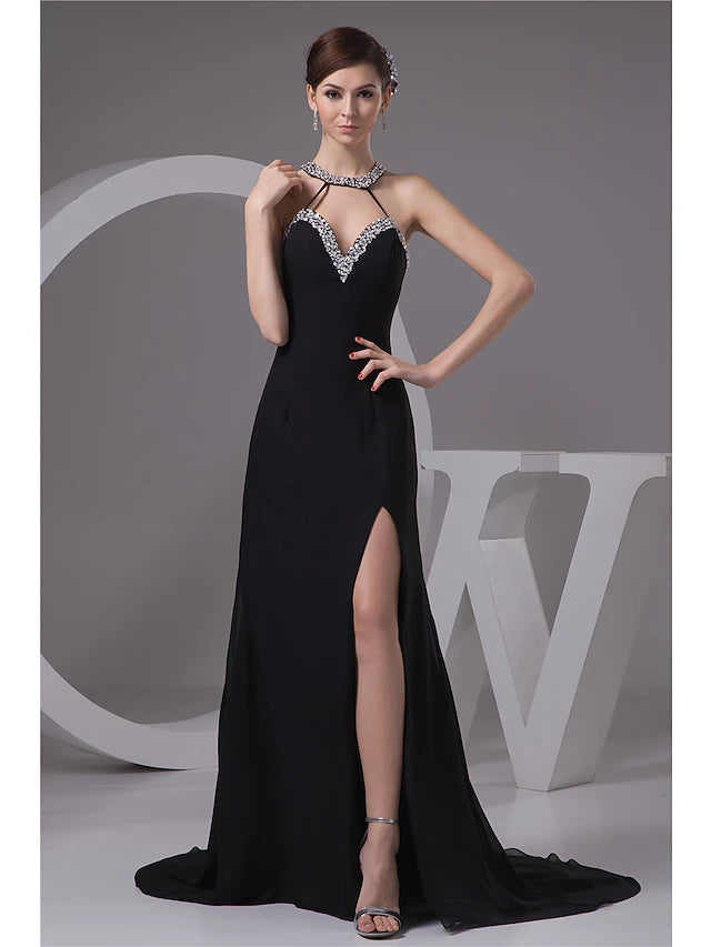 Mermaid / Trumpet Evening Gown Sexy Dress Engagement Court Train Sleeveless Halter Chiffon with Beading