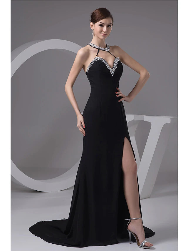 Mermaid / Trumpet Evening Gown Sexy Dress Engagement Court Train Sleeveless Halter Chiffon with Beading
