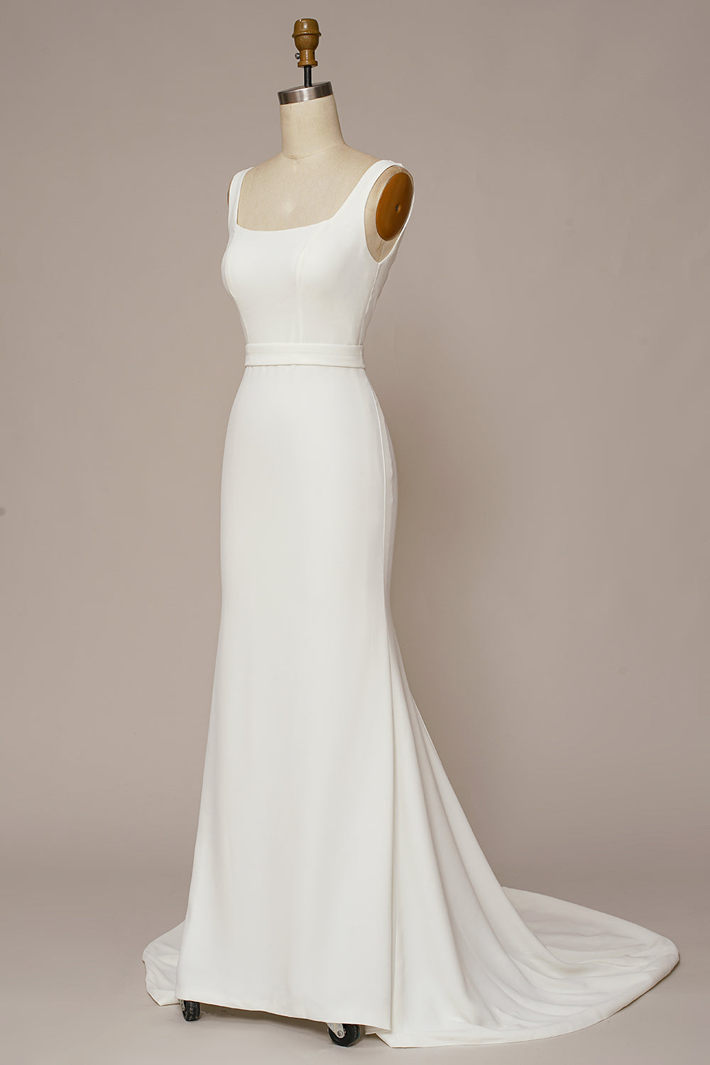 White Mermaid Square Neck Sweep Train Satin Wedding Dress Long