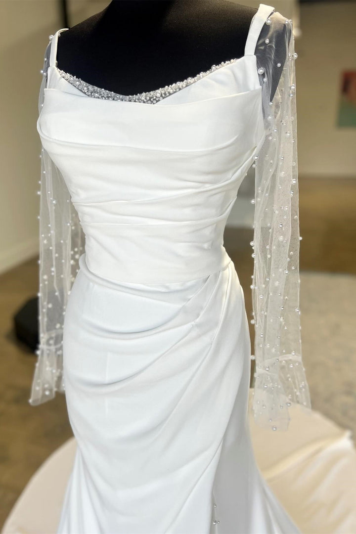 White Backless Ruched Wedding Dress with Detachable Sleeves Open Back