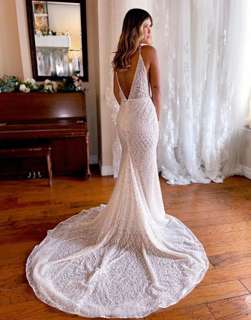 Mermaid Deep V Neck Wedding Dress Sparkly Sexy Long