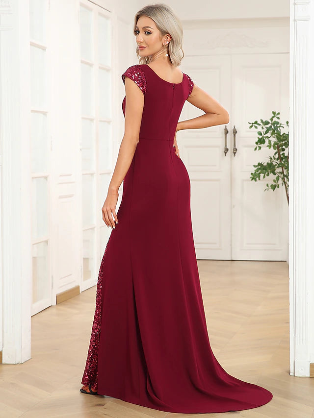 Mermaid / Trumpet Evening Gown Vintage Dress Party Wear Floor Length Short Sleeve V Neck Sequined with Pleats