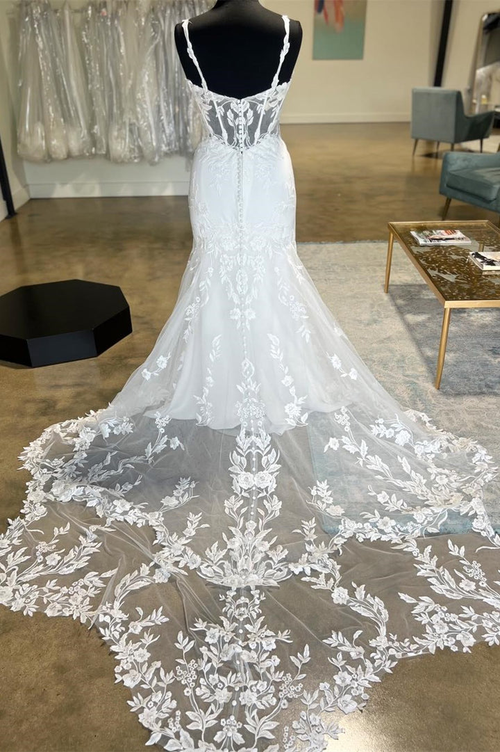 White Sheer Corset Mermaid Wedding Dress with Mesh Train Sexy