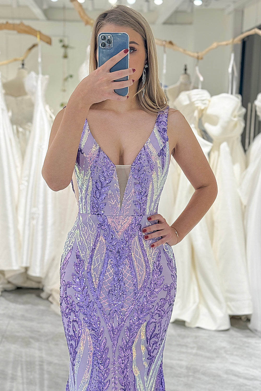 Purple Mermaid V Neck Long Sparkly Prom Dress With Sequins Sexy