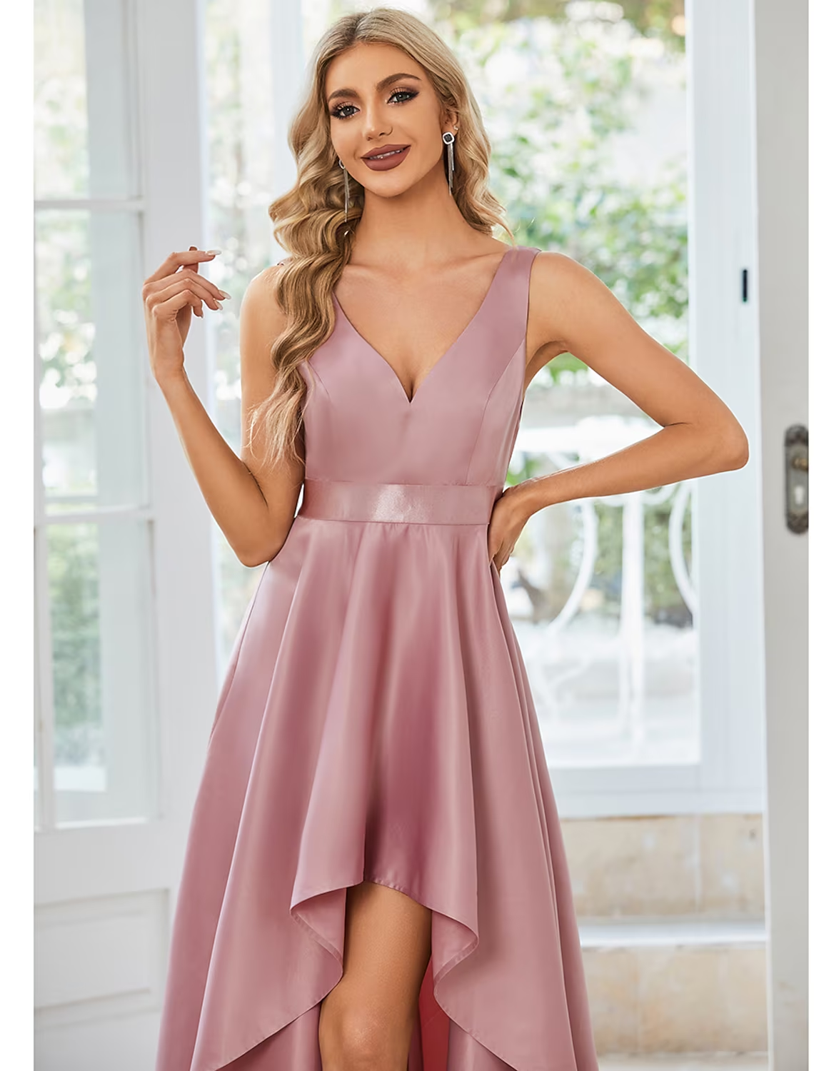 A-Line Wedding Guest Dresses Casual Dress Party Wear Asymmetrical Sleeveless V Neck Satin with Ruffles