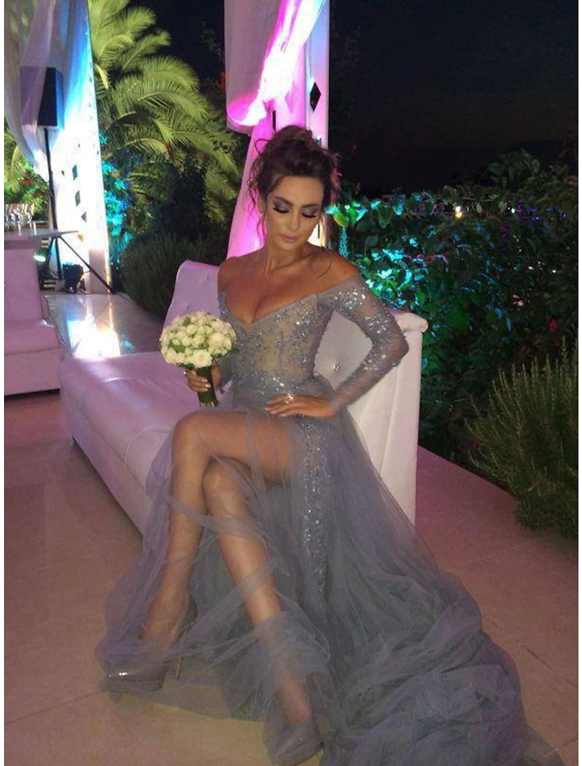 A-Line Sexy Engagement Formal Evening Dress Off Shoulder Long Sleeve Sweep / Brush Train Chiffon with Slit Lace