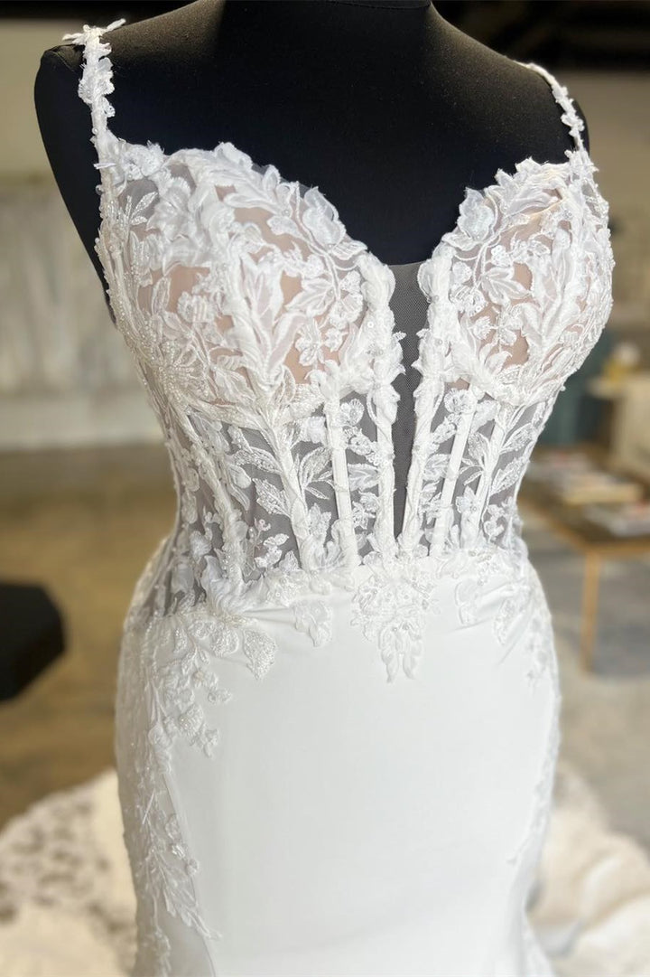 White Appliques Corset Backless Mermaid Long Wedding Dress Beautiful
