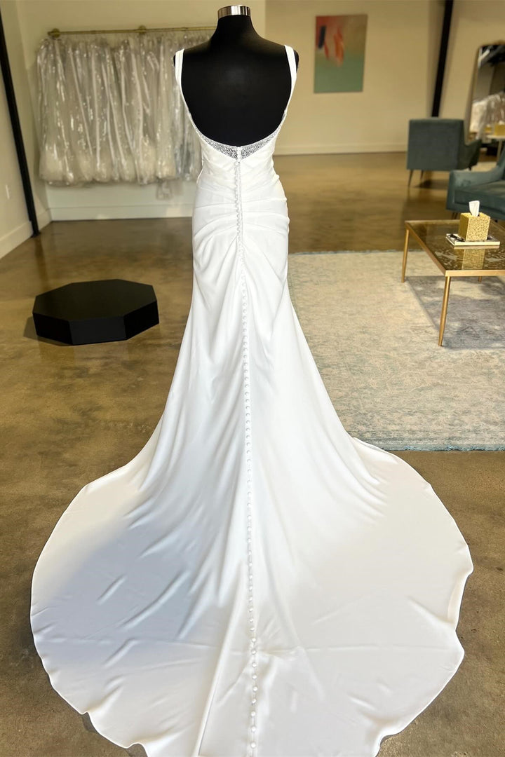 White Backless Ruched Wedding Dress with Detachable Sleeves Open Back