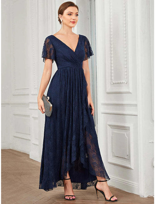 A-Line Wedding Guest Dresses Elegant Dress Holiday Asymmetrical Short Sleeve V Neck Lace