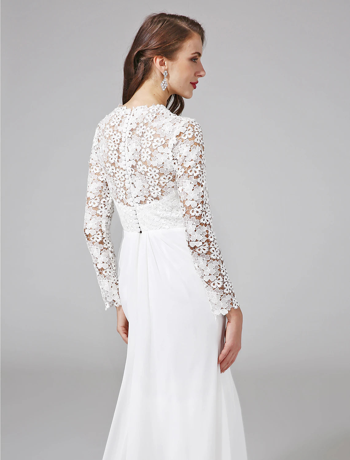 Beach Royal Style Boho Wedding Dresses Sheath / Column Illusion Neck Long Sleeve Sweep / Brush Train Chiffon Bridal Gowns With Lace