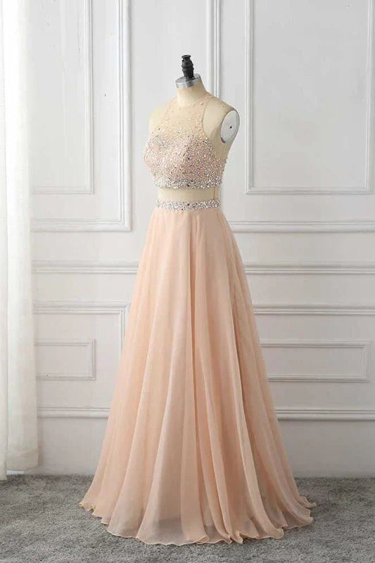 A Line Sleeveless Rhinestone Chiffon Long Prom Dress Floor Length Sparkly