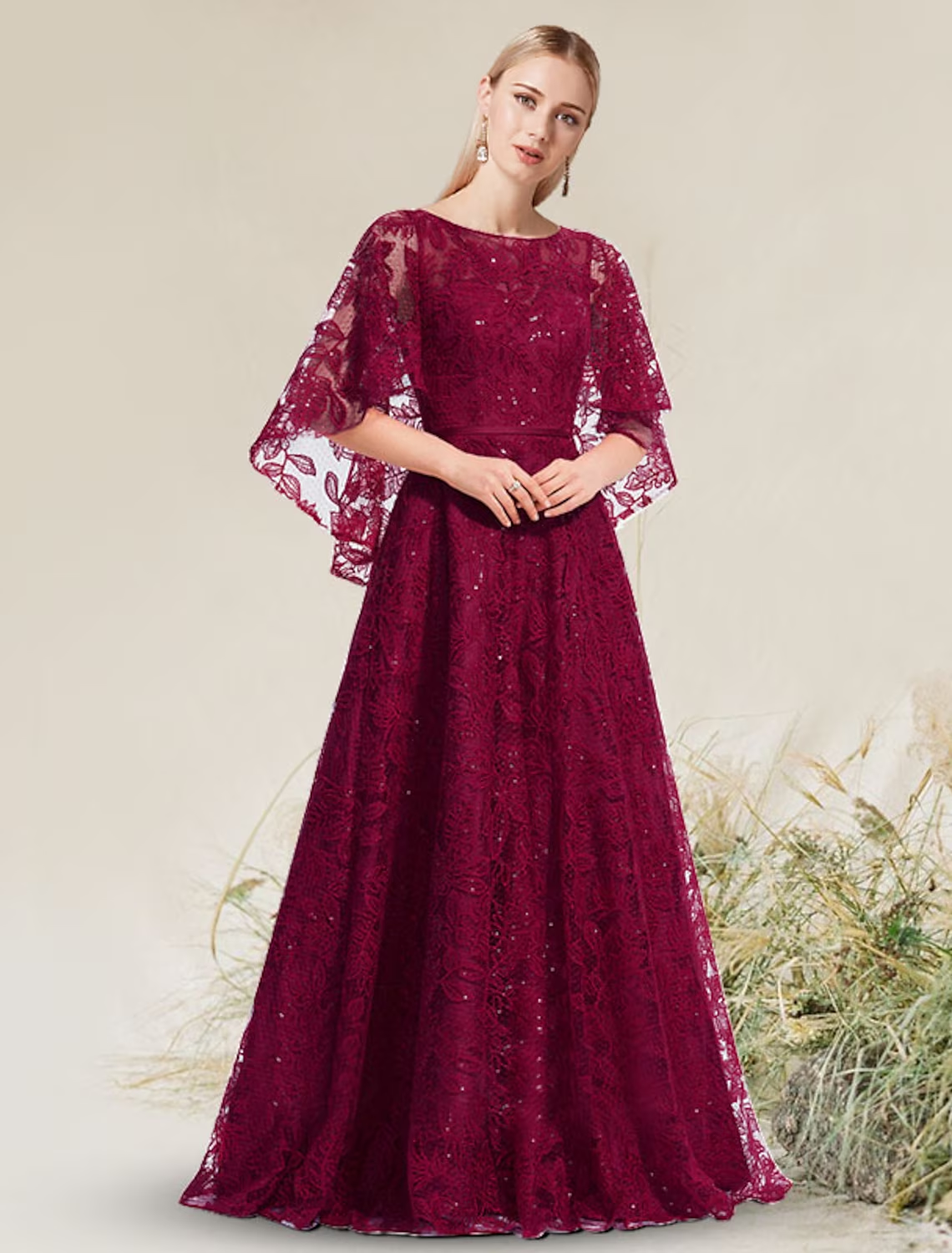 A-Line Elegant Floral Wedding Guest Formal Evening Birthday Dress Jewel Neck Short Sleeve Floor Length Lace
