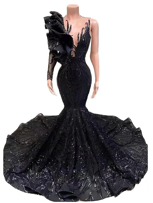 Mermaid / Trumpet Evening Gown Floral Dress Formal Chapel Train Long Sleeve One Shoulder African American Sequined