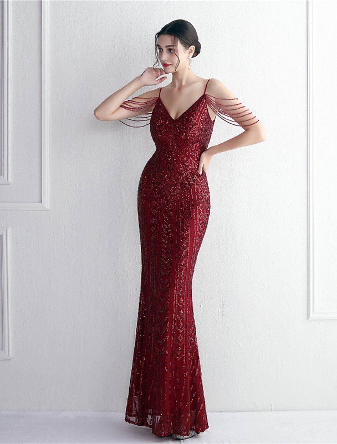 Mermaid / Trumpet Evening Gown Sparkle & Shine Dress Formal Floor Length Short Sleeve Spaghetti Strap Polyester with Beading