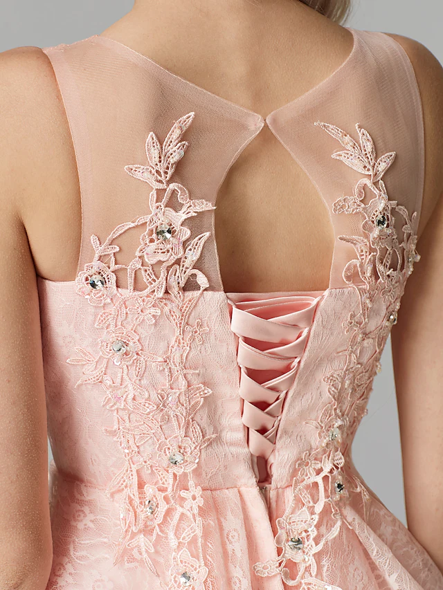 A-Line Sparkle Homecoming Cocktail Party Dress Pink Illusion Neck Sleeveless Short Mini Tulle Floral Lace with Sequin