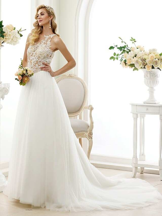 Ball Gown Wedding Dresses Jewel Neck Chapel Train Lace Tulle Lace Over Tulle Regular Straps See-Through Beautiful Back with Buttons