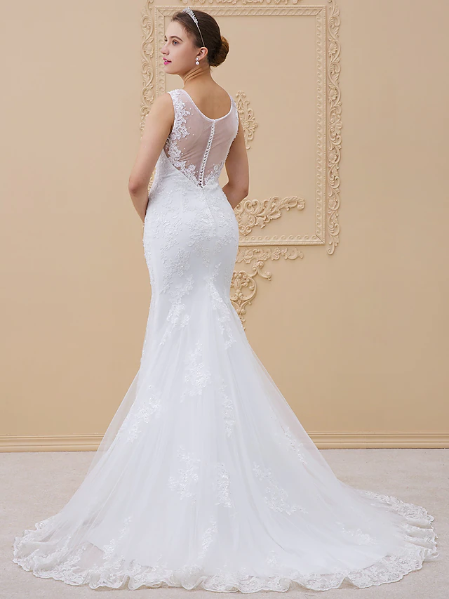 Wedding Dresses V Neck Chapel Train Tulle All Over Lace Lace Over Tulle Regular Straps Sexy Illusion Detail Backless with Beading