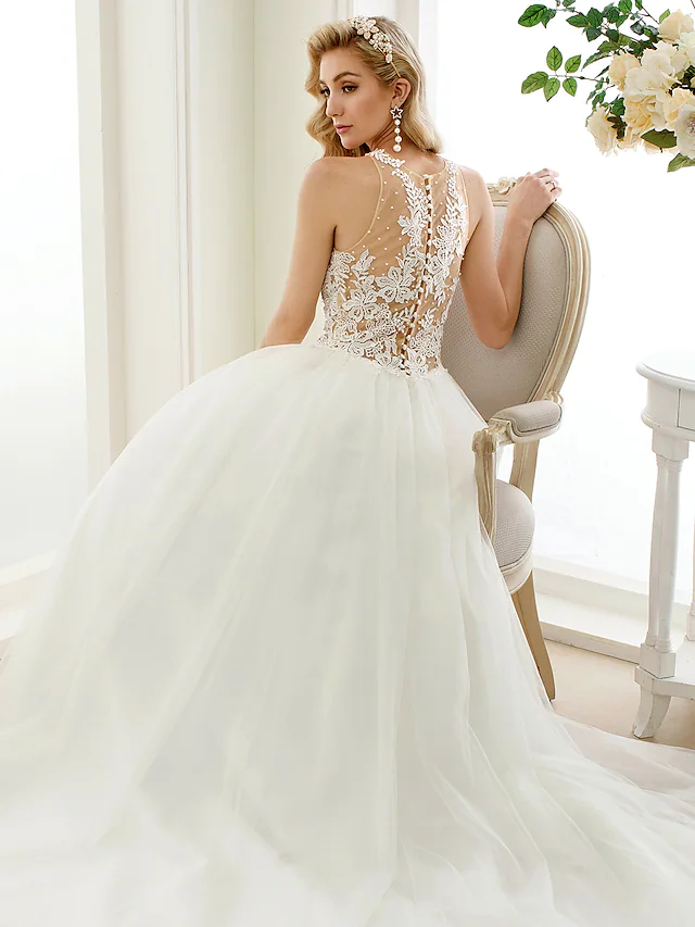 Ball Gown Wedding Dresses Jewel Neck Chapel Train Lace Tulle Lace Over Tulle Regular Straps See-Through Beautiful Back with Buttons