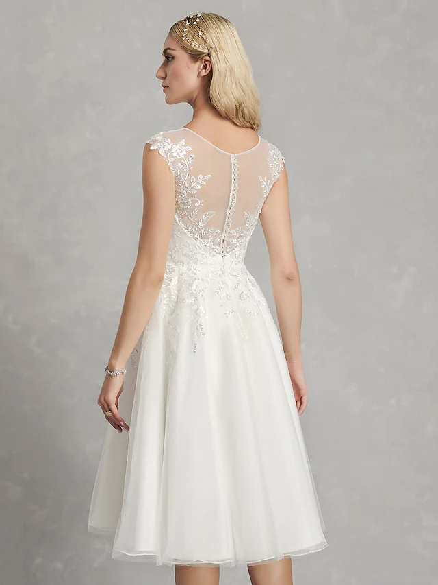 A-Line Wedding Dresses Jewel Neck Tea Length Lace Tulle Cap Sleeve Beautiful Back with Appliques Short
