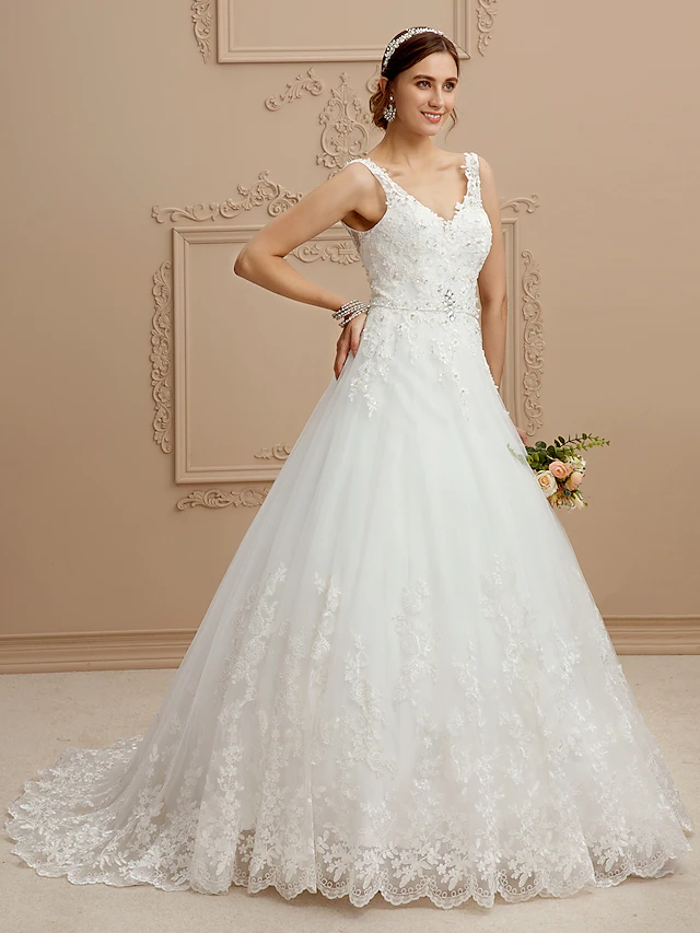 Ball Gown Wedding Dresses V Neck Court Train Tulle Beaded Lace Lace Over Tulle Spaghetti Strap Glamorous Illusion Detail Backless with Beading