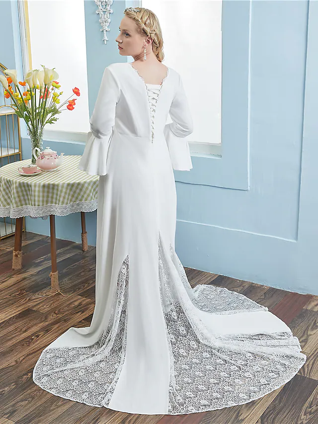 A-Line Wedding Dresses V Neck Chapel Train Lace Italy Satin Long Sleeve Vintage Plus Size with Pleats Lace