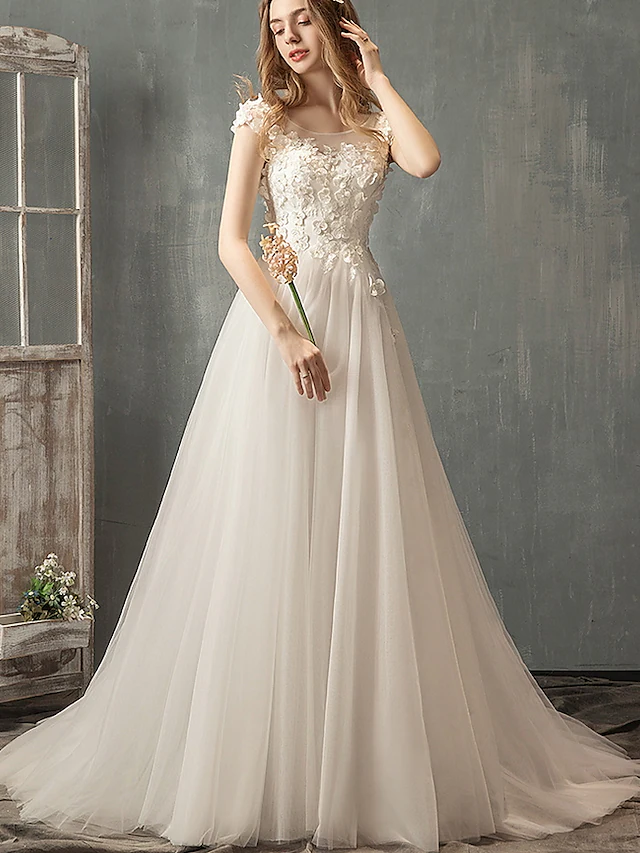 Princess A-Line Wedding Dresses Jewel Neck Lace Tulle Cap Sleeve Country Romantic with Pleats