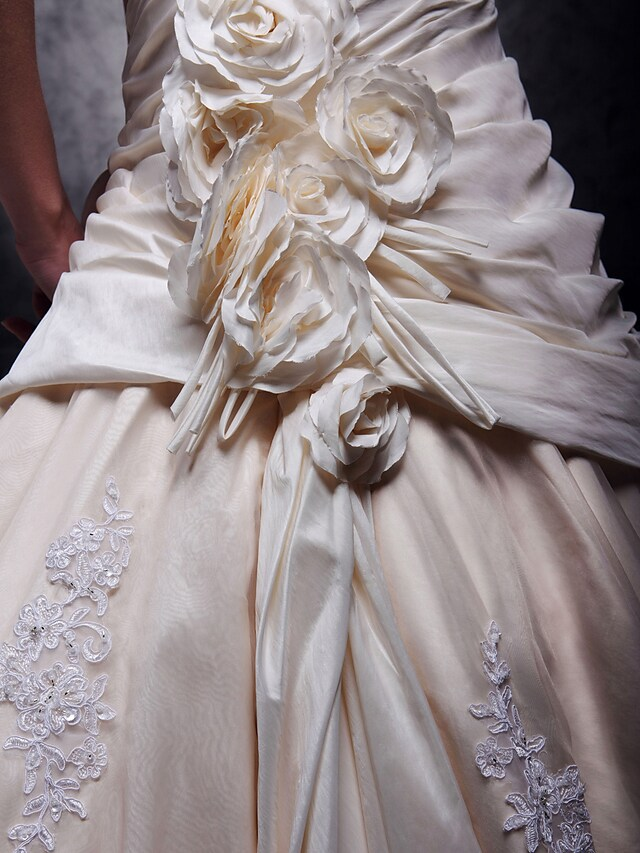 A-Line Wedding Dresses Strapless Cathedral Train Taffeta Beaded Lace Strapless Glamorous Plus Size with Beading Lace Insert