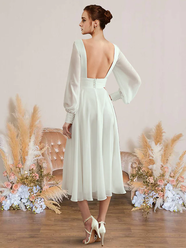 A-Line Wedding Dresses V Neck Tea Length Chiffon Long Sleeve Simple with Pleats Pure Color