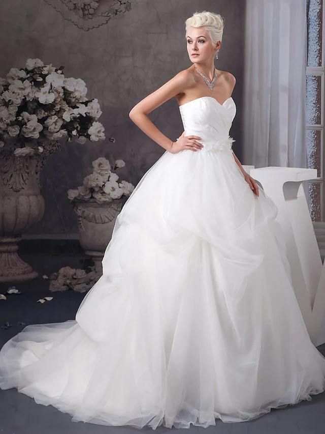 A-Line Wedding Dresses Sweetheart Neckline Court Train Organza Satin Strapless with Pick Up Skirt Ruched