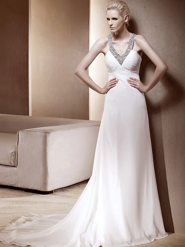 Princess A-Line Wedding Dresses V Neck Court Train Chiffon Sleeveless Sparkle & Shine