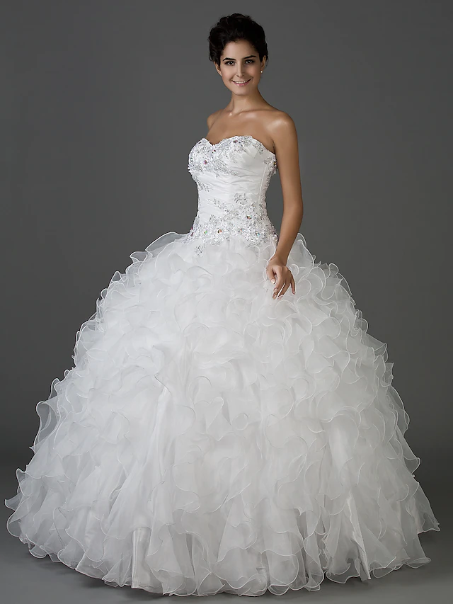 Ball Gown Wedding Dresses Sweetheart Neckline Strapless Floor Length Organza Taffeta Sleeveless Sparkle