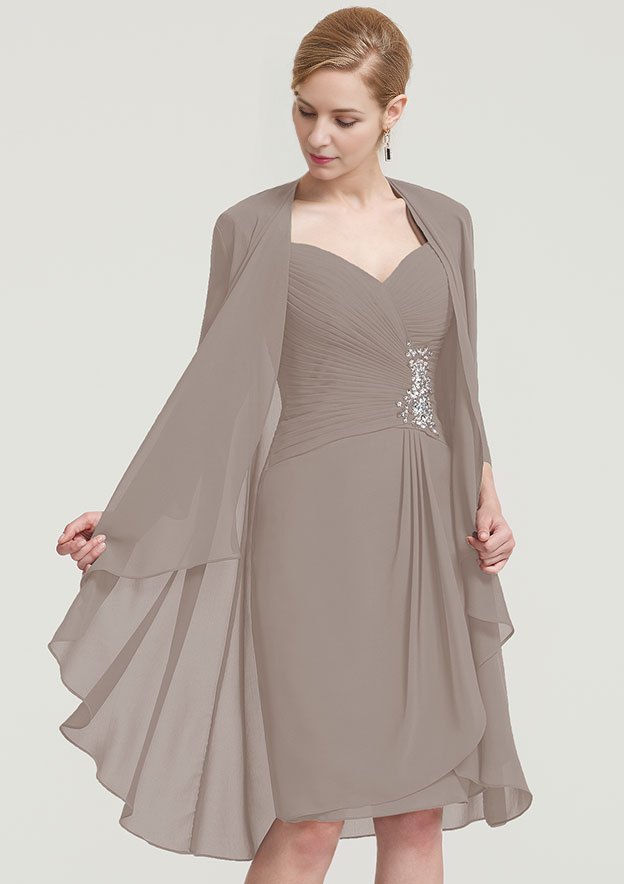 Scalloped Neck 34 Sleeve Knee-Length Chiffon Mother of the Bride Dress With Pleated Beading Appliqued