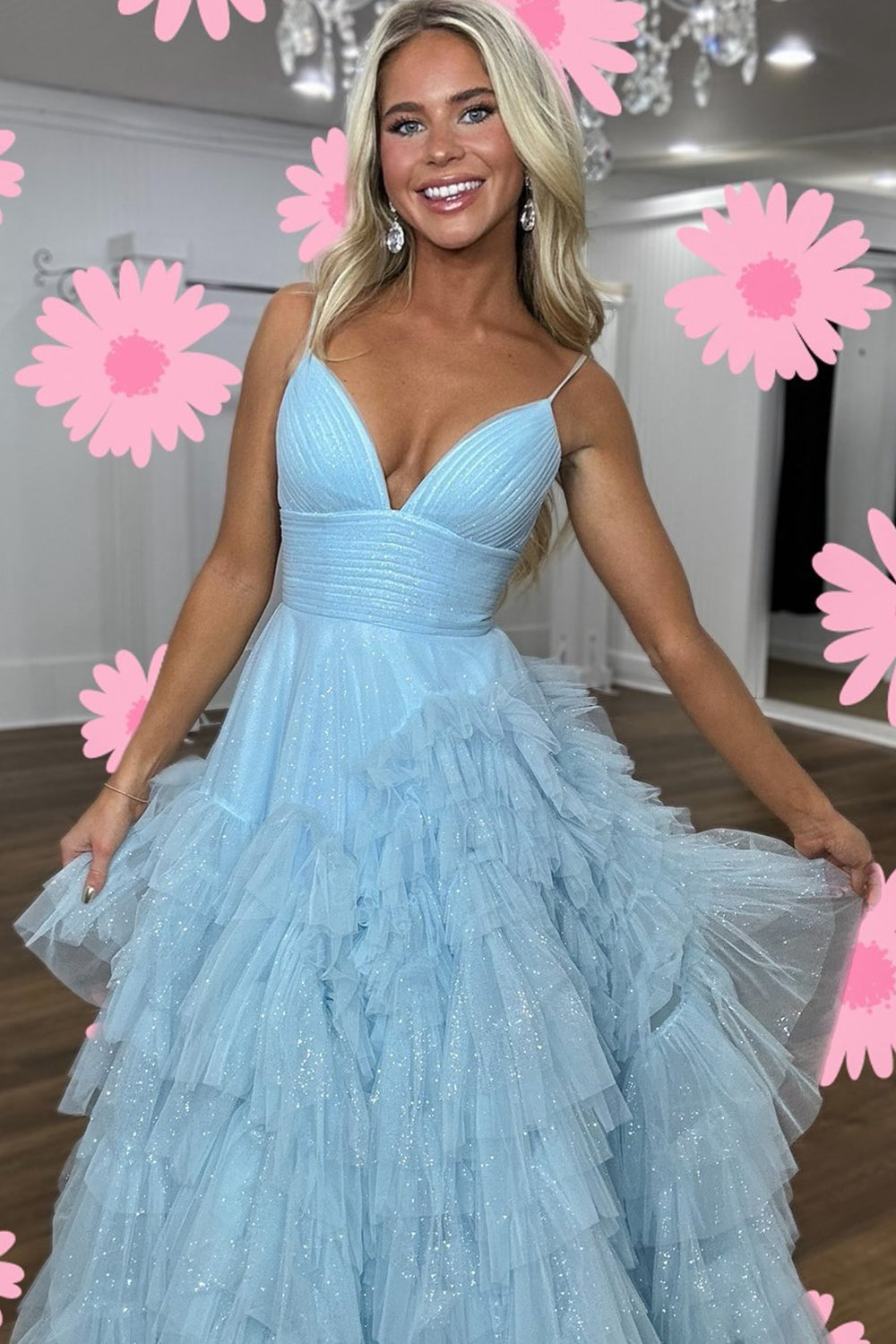 Pink A-Line Deep V Neck Tiered Long Prom Dress With Slit Sexy