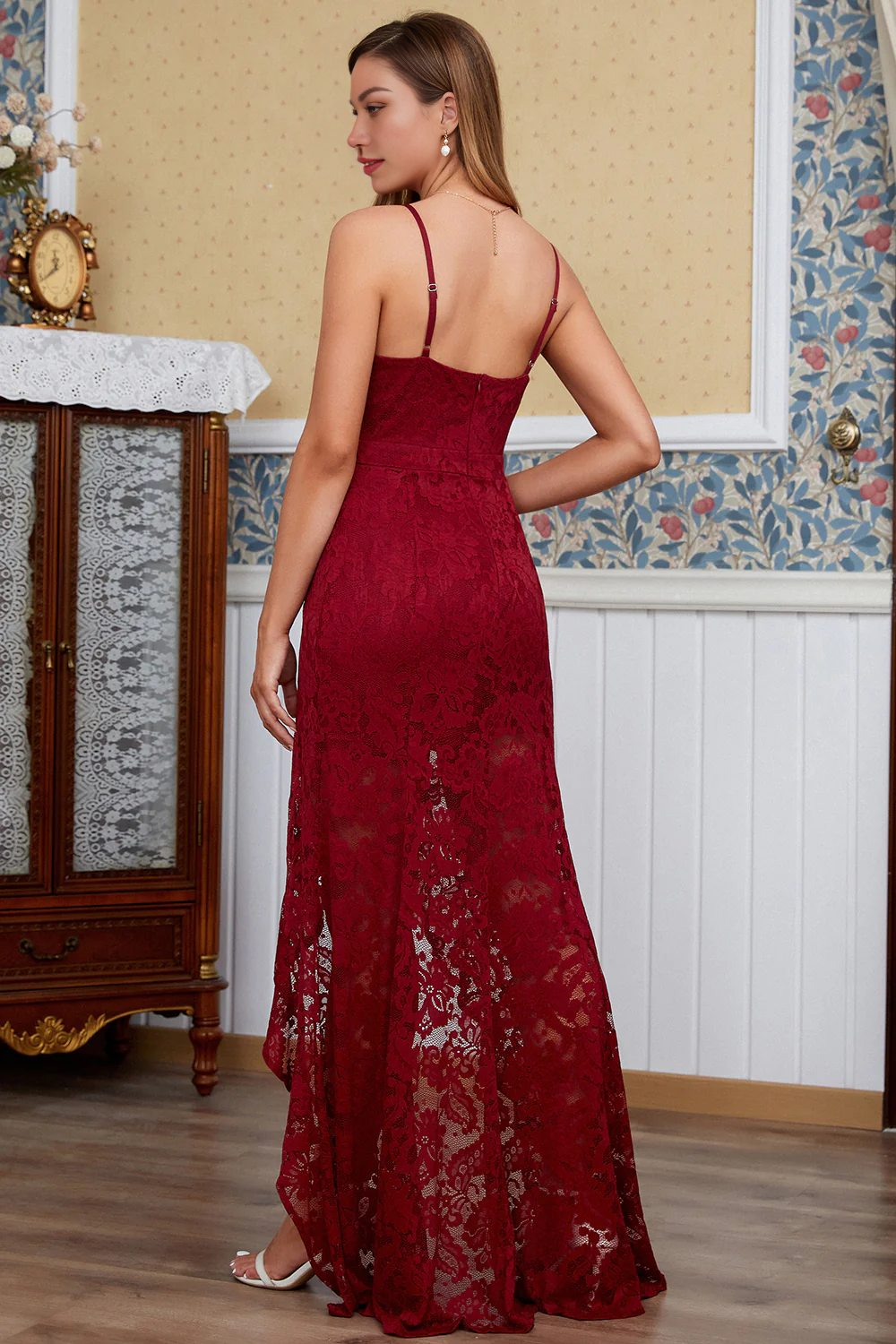 Red Lace Beach Wedding Dress V-neck Sexy Long Beautiful