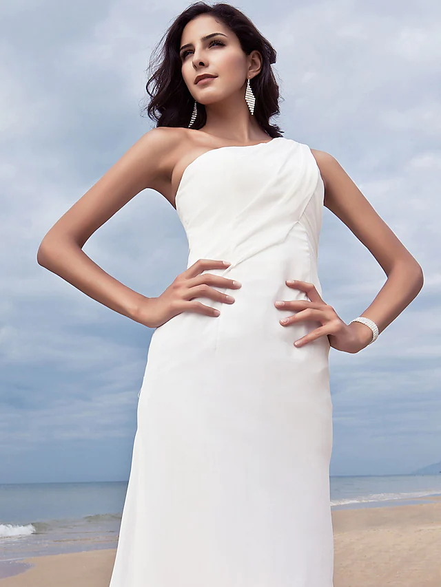 Wedding Dresses One Shoulder Chiffon Regular Straps Simple Plus Size Pure Color