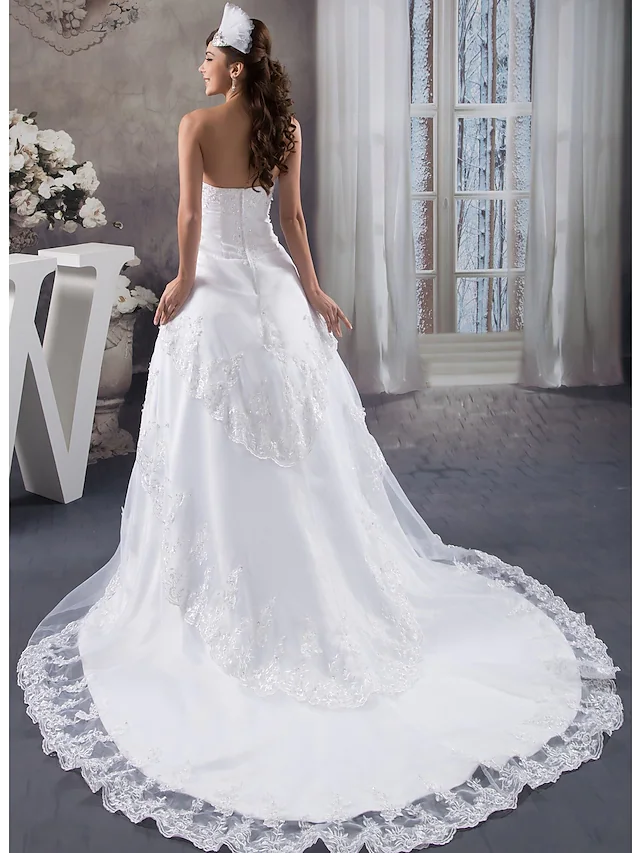 A-Line Wedding Dresses Strapless Chapel Train Lace Organza Satin Strapless with Beading Appliques Cascading