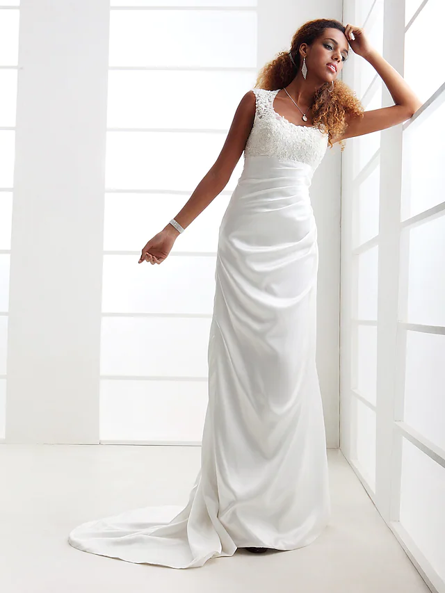 Wedding Dresses Scoop Neck Charmeuse Beaded Lace Cap Sleeve Simple Backless with