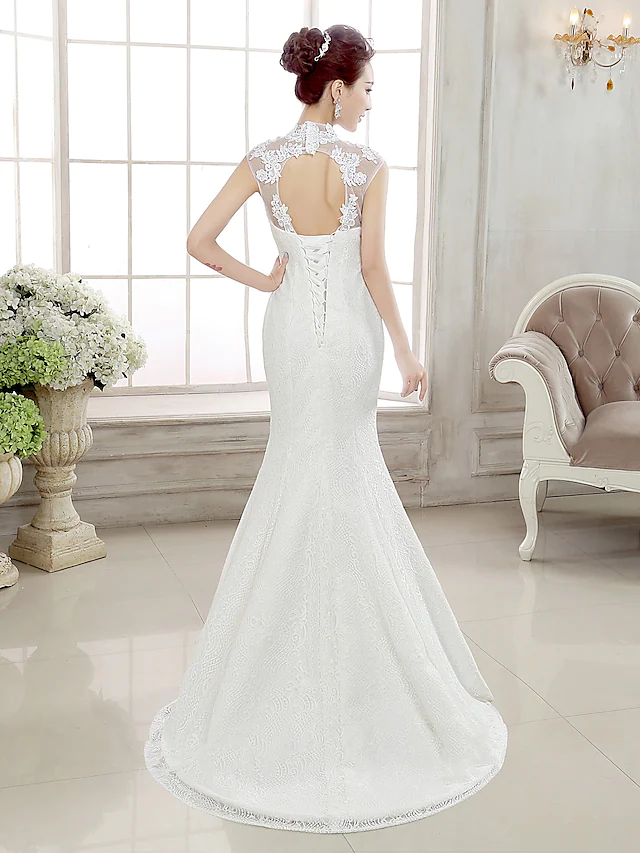 Wedding Dresses High Neck Lace Cap Sleeve Sexy Illusion Detail Backless with Beading