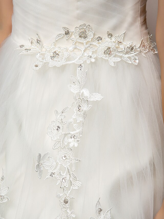 Ball Gown Wedding Dresses Square Neck Court Train Tulle Short Sleeve with Ruched Flower