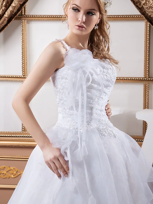 A-Line Wedding Dresses One Shoulder Court Train Lace Organza Satin Spaghetti Strap with Ruched Lace Insert Cascading