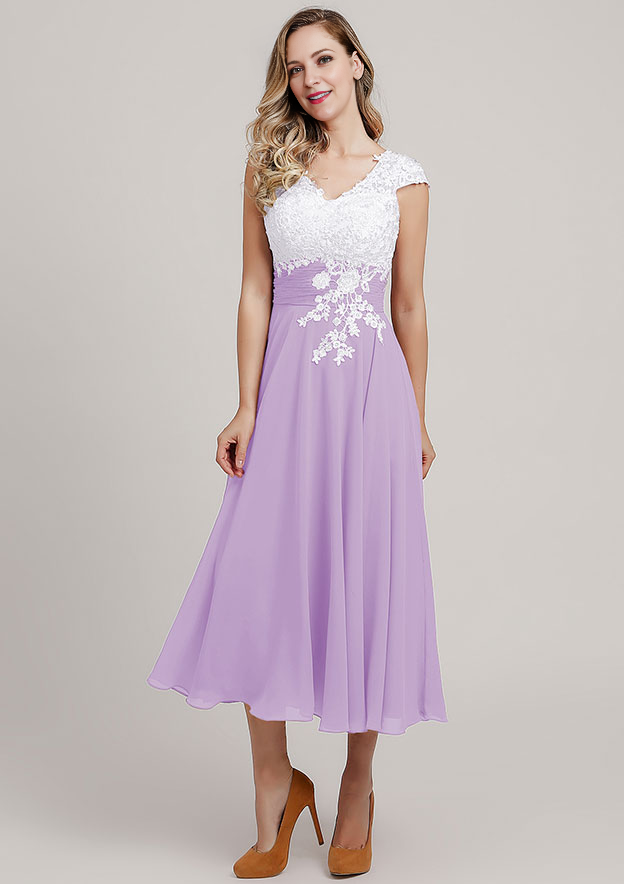 Chiffon Mother of the Bride Dress A-linePrincess V Neck Short Sleeve Tea-Length With Lace Short