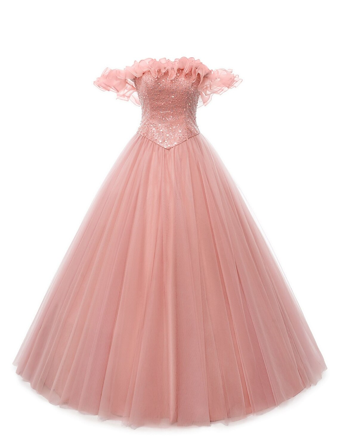Ball Gown Prom Dresses Puffy Dress Quinceanera Floor Length Sleeveless Off Shoulder Tulle with Pearls